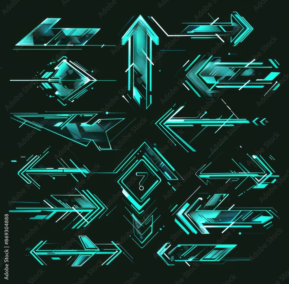 Poster digital techno style modern elements. futuristic navigation pointers, neon glowing buttons for compu