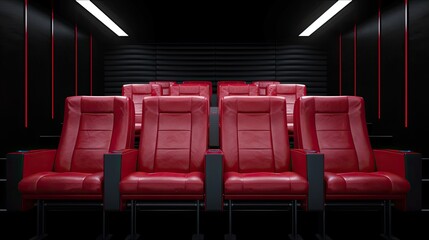 Fototapeta premium A wide shot of an empty movie theater with red seats and a dimmed light above