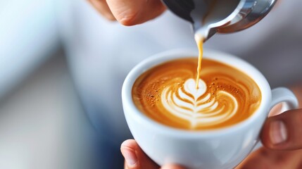 Barista pouring frothy milk into a cup of freshly brewed coffee, creating beautiful latte art in a cozy cafe setting.