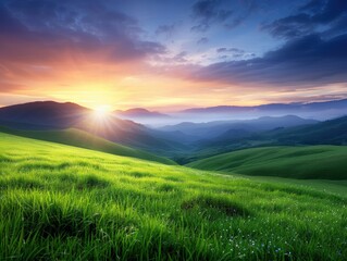Naklejka premium Breathtaking sunrise over rolling green hills and misty valleys, blending vibrant colors of the sky with lush grasslands.
