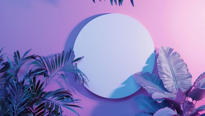 3D render top view of white blank cylinder frame for mock-ups and displays. Palm leaves, earth tones and pastel wall background. Widow's shadow.