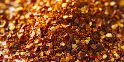 A pile of chili flakes sits on a table, ready for use in cooking or as a decorative accent