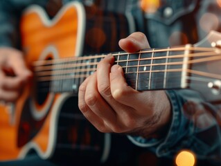 Obraz premium Close-up of hands playing an acoustic guitar, focusing on the strings and fretboard. Musical performance in a cozy setting.