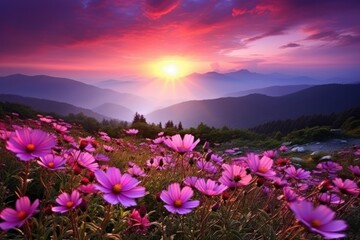 Obraz premium Sky sunset and green hill mountains flower sky landscape.