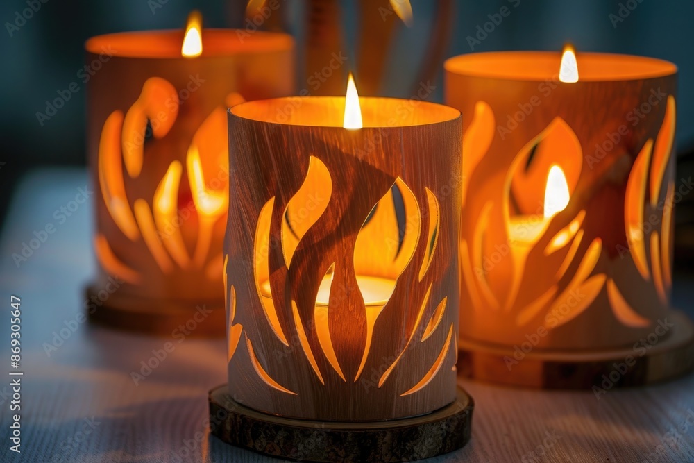 Poster A group of lit candles placed on a table, perfect for adding ambiance to any setting