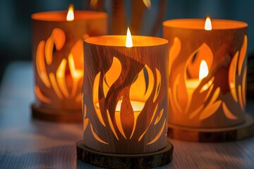 A group of lit candles placed on a table, perfect for adding ambiance to any setting