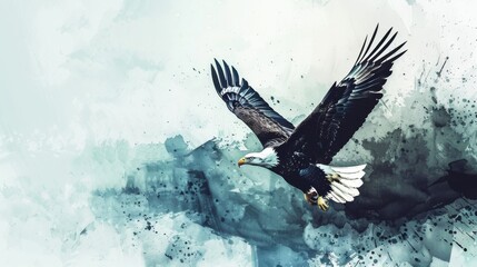 Obraz premium Abstract painting of a majestic eagle soaring in the sky with watercolor splashes creating a dynamic and powerful visual effect.