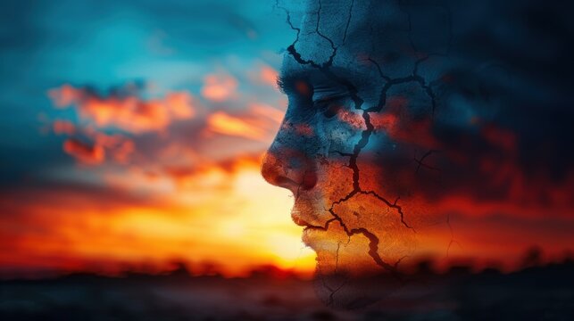 Conceptual portrait depicting a person's face merging with cracked earth against a dramatic sunset sky illustrating environmental issues and human impact.