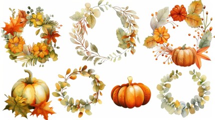 Autumn watercolor wreaths featuring pumpkins, flowers, and leaves, perfect for seasonal fall decorations and designs.