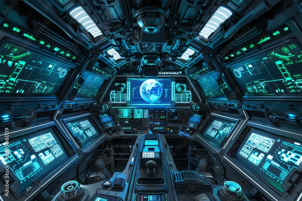 Poster intricate detail, a futuristic spaceship control room with screens and buttons, generative ai, cyber