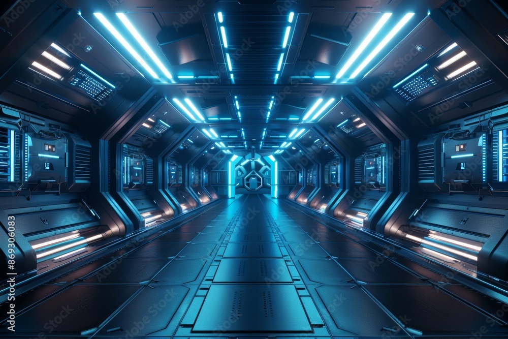 Poster 3d rendering of an empty dark room with a futuristic sci-fi background.