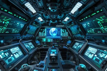 Fototapeta premium Intricate detail, a futuristic spaceship control room with screens and buttons, generative AI, cyberpunk image style