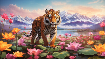 A tiger stands in a field of pink and orange lotus flowers