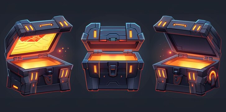 Future technology game boxes open and closed. Sci-fi icons, loot boxes with electronic locks on a neon light display, modern cartoon illustration isolated on white.