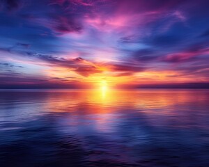 Stunning vibrant sunset over a tranquil ocean, capturing colorful skies reflecting on calm waters, perfect for nature and landscape themes.