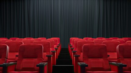 Obraz premium A wide shot of an empty movie theater with red seats and a dimmed light above