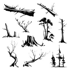Dry and dead trees sketches. Vector