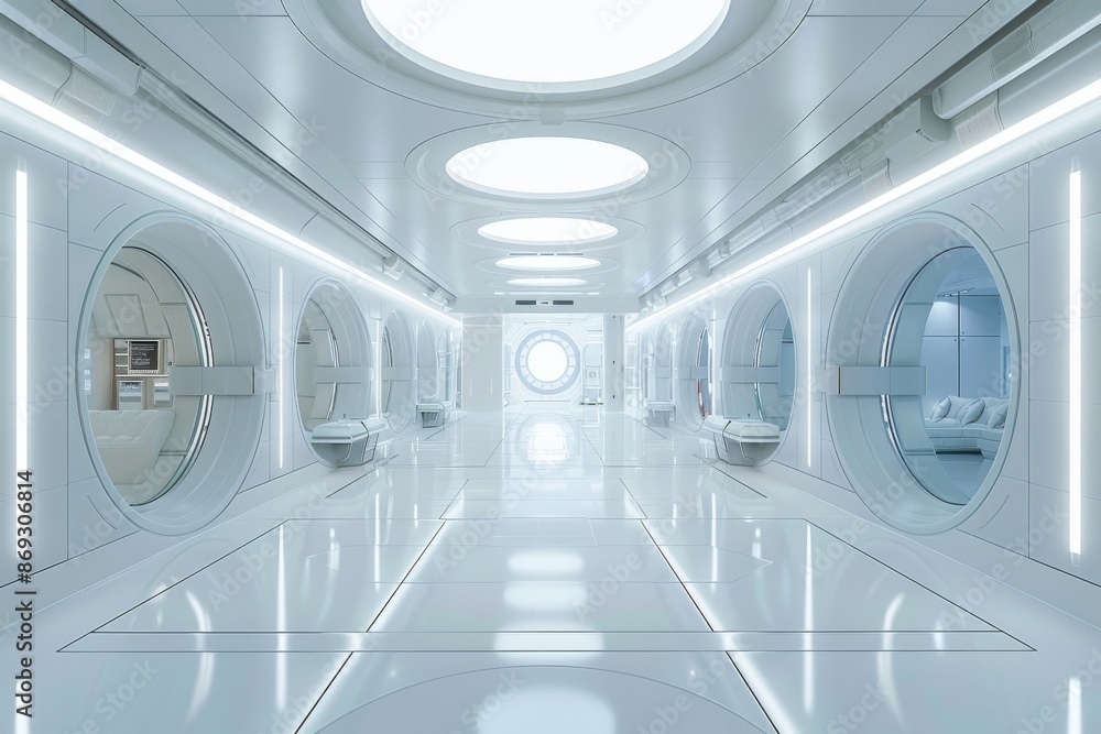 Poster using stock technology, this smooth clean white futuristic interior can be used to create a science 