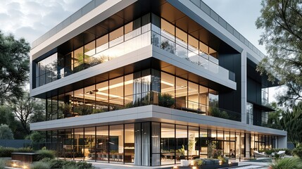 A five story modern office building rendering with black and white plaster exterior walls, second floor large terrace for outdoor cafe and lounge, large entrance door. Generative AI.