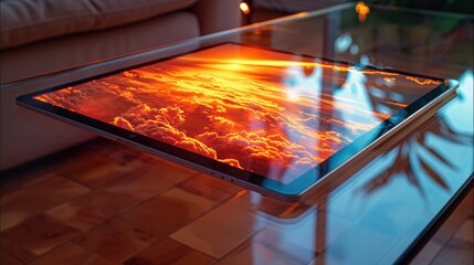 A modern e-reader displayed on a glass coffee table, reflecting the vibrant colors of a sunset. Generative AI.