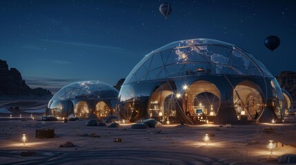 Mars vacation, scifi architecture, Ai art, space tourism, futuristic big structure on the martian planet, concept art, 3D illustration, geodesic dome, futuristic buildings, futuristic space station
