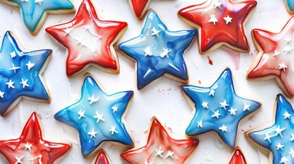 Obraz premium Colorful star-shaped cookies decorated in red, white, and blue icing, perfect for patriotic celebrations and festive events.