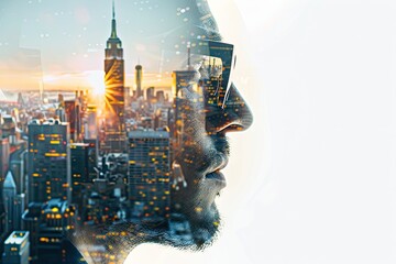 Portrait of a man with safety helmet letting see city buildings under construction on white background with copy space