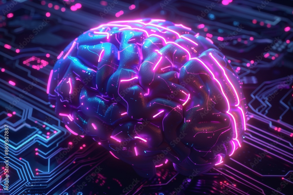 Poster ai electronic brain made out of metallic material with neon lights, a neural data storage machine, a