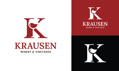 Letter Initial K Wine Glass Logo Design Template. Suitable for Bar Restaurant Cafe Winery Vineyard Pub Club Business Brand Company Logo Design.