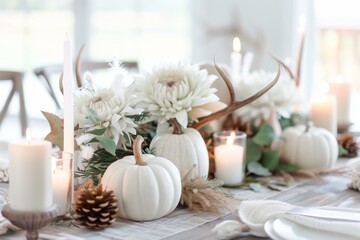 rustic table arrangement featuring white pumpkins, antlers, and candles, creating an elegant and seasonal centerpiece