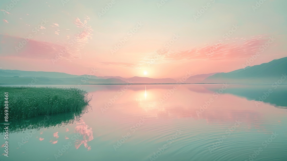 Poster a soft pink sunset reflected in a calm mint green lake, creating a serene and peaceful scene. genera