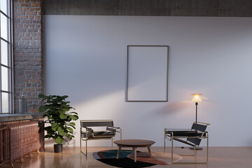 white wall contemporary living room interior with arm chair and white empty poster	