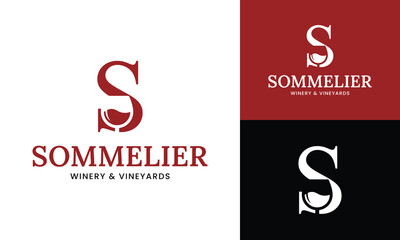 Letter Initial S Wine Glass Logo Design Template. Suitable for Bar Restaurant Cafe Winery Vineyard Pub Club Business Brand Company Logo Design.