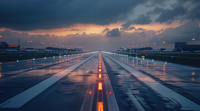 An airport runway, wet from rain, after sunset, futuristic airport with terminals on the left side in the distant background. Generative AI.