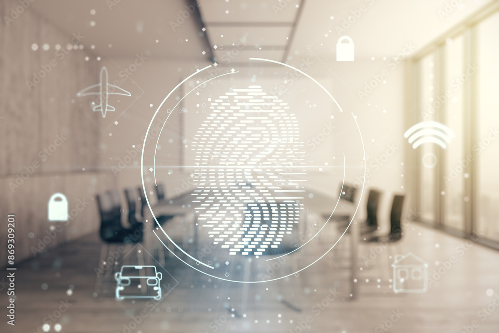 Poster multi exposure of virtual fingerprint scan interface on a modern furnished office interior backgroun