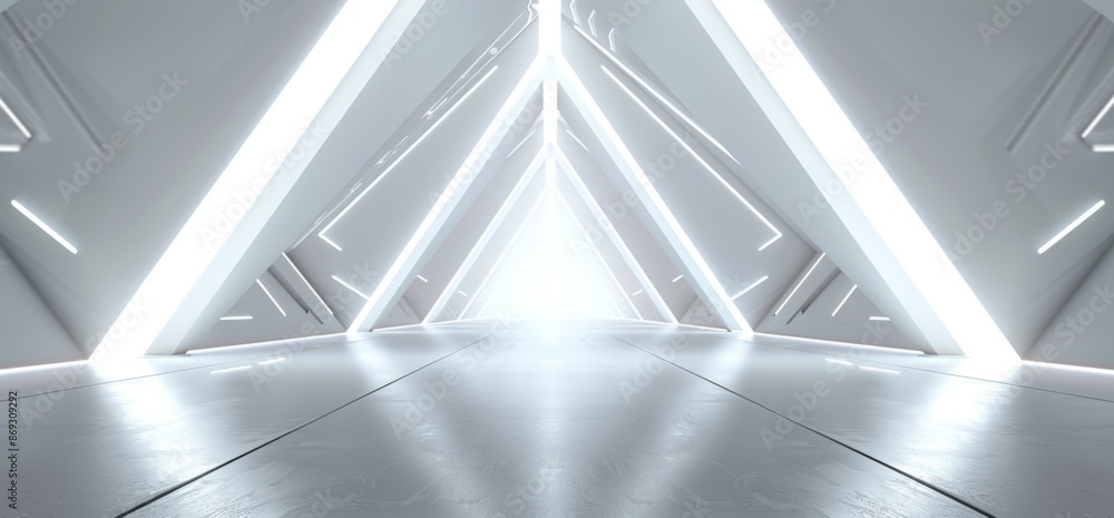 Poster three-dimensional rendering of the interior of a modern alien ship with a highly reflective bright t