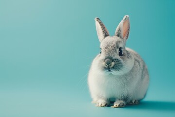 Obraz premium This cute studio portrait features a bunny running on the floor, sniffing at the air, and a light and pastel background.