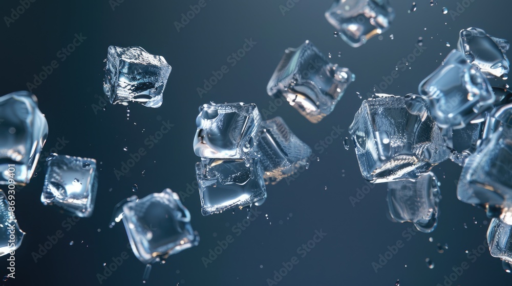 Poster A close-up view of a group of ice cubes frozen in mid-air, appearing to float