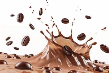 Milk Brown Coffee liquid splash splashes and little bubbles floating in the air with falling coffee beans, isolated on transparent png background, liquid fluid element flowing in wave form.