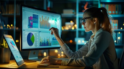Studying documents on a desk, looking up information online on a computer by a female business analyst financial advisor