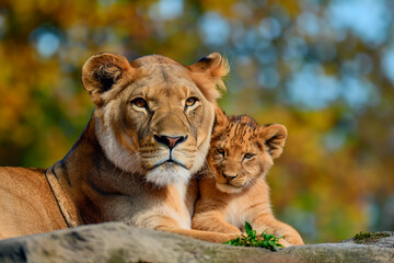 Obraz premium lioness with her lion cub wild animals