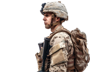 A military personnel in uniform with a backpack and helmet on white background
