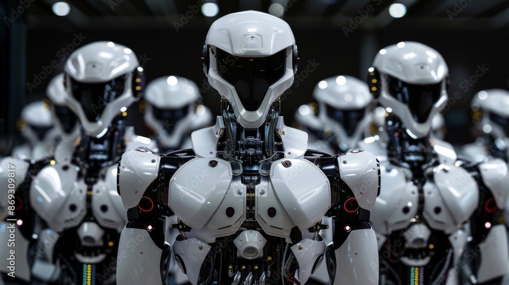 Poster the rendering shows a futuristic robot army or group of cyborgs against a black background in 3d