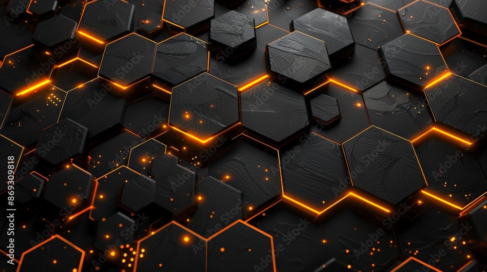 Poster an abstract geometric pattern featuring black hexagons on a dark background - ideal for futuristic, 