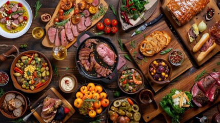 Fototapeta premium Top view of a full table of European foods and drinks from a dinner party, happy dining time, buffet food dishes background.