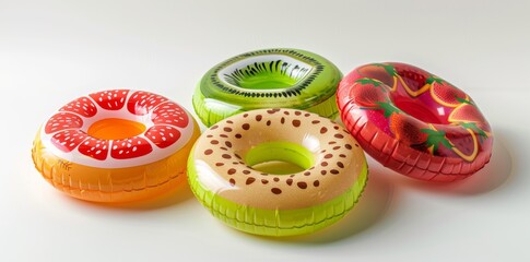 Fototapeta premium Various colorful swim inflatable rings or rubber rings isolated on white background, summer holiday concept, swim tube for pool.