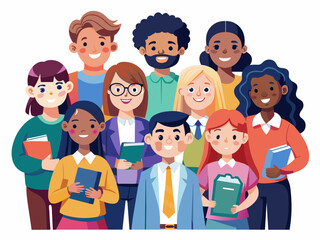 An illustration features a varied group of students joyfully posing with books in a school setting. Illustration of diverse group of students smiling and holding books, representing education and dive