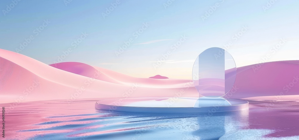 Poster an abstract surreal landscape with geometric architecture and a gradient sky scene, a lake with clam