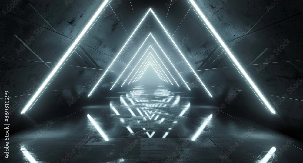 Poster an abstract triangle spaceship corridor with light. 3d rendering of futuristic business, sci-fi scie