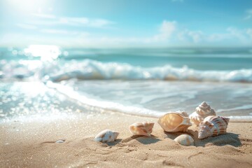 A collection of seashells scattered on a sunny sandy beach near the ocean
